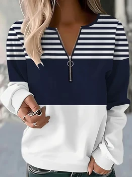 Women's quarter-zip pullover with stripes, suitable for street wear, daily use, printed casual style, round neck, long sleeve, s 1
