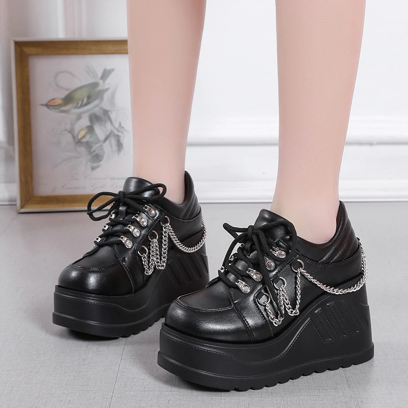 2023 nowy rozmiar 42 czarny Lace Up klamra kliny platformy kobiet Sneakers grubym dnem mody Gothic Punk buty