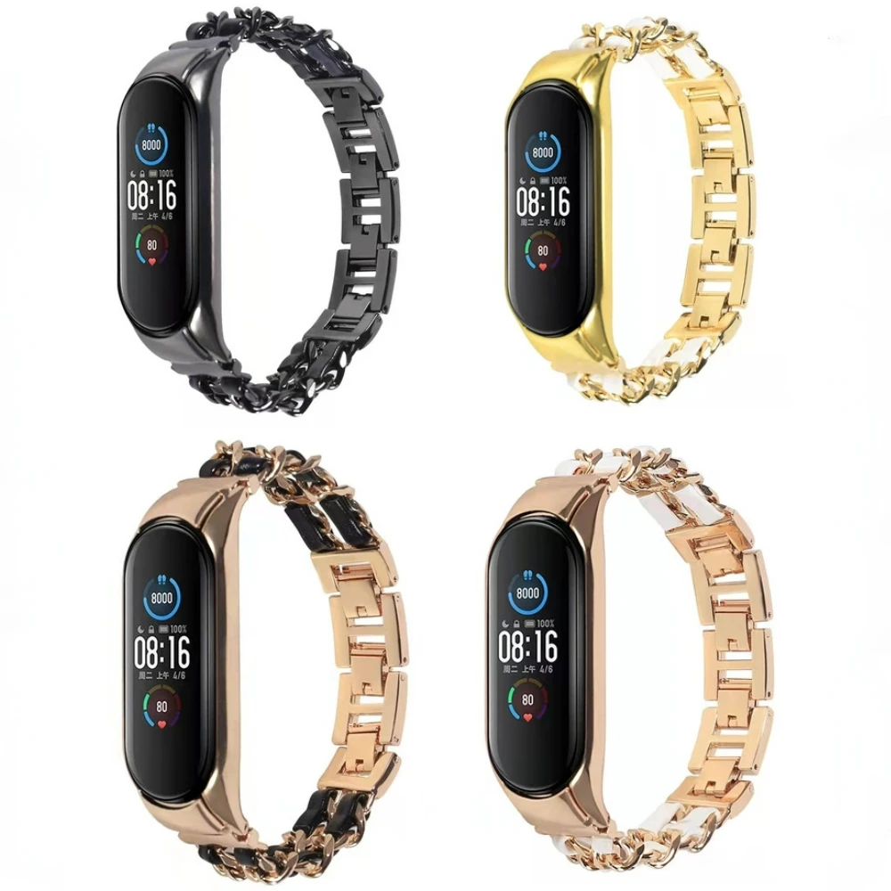 Leather Strap For Xiaomi Mi Band 8 7 6 5 4 3 Metal Link Bracelet for Mi Band 7 6 5 Stainless Steel Wristband Mi Band 6 5 4 Strap