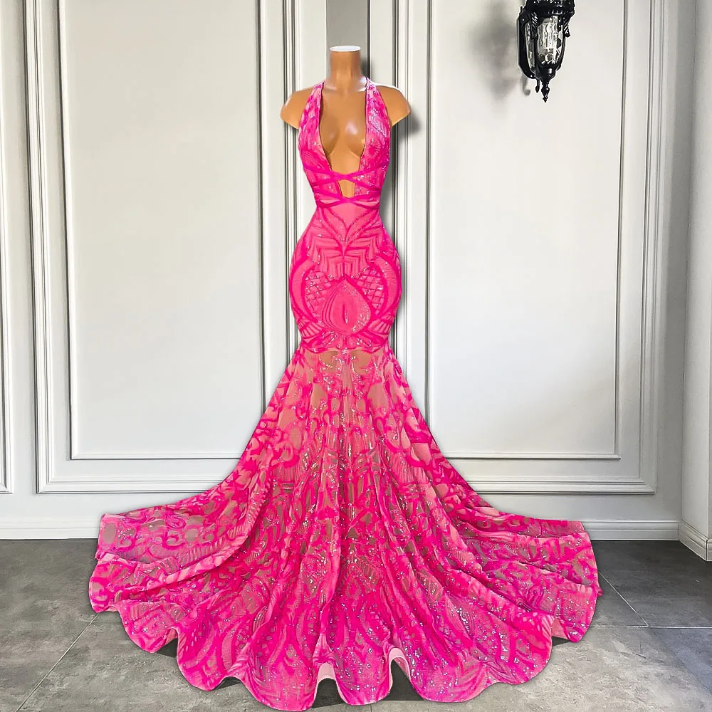 Unique Pink Lace Prom Gown with Sexy High Slit Halter V-Neck Sleeveless Mermaid Dress,OLP1743