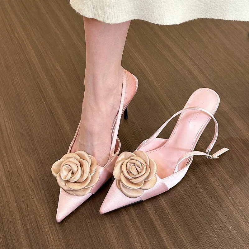 

In Early Niche French Style Pink Pointed Rose High Heels for Women, Satin Back Hollow Shallow Cut Slim Heeled Sandals for Women