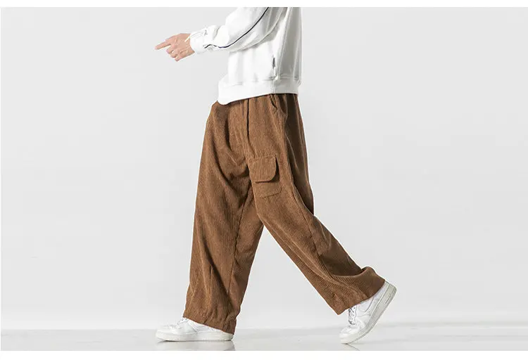 Autumn Casusal Baggy Men Pants Korean Corduroy Solid Color Overalls Trousers Male Streetwear Wide Leg Pants
