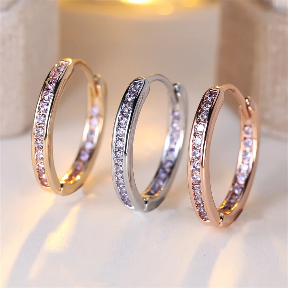 Single Row Small Round Hoop Earring Charm Purple Crystal Stone Earrings For Women Vintage Rose Gold Silver Color Wedding Jewelry