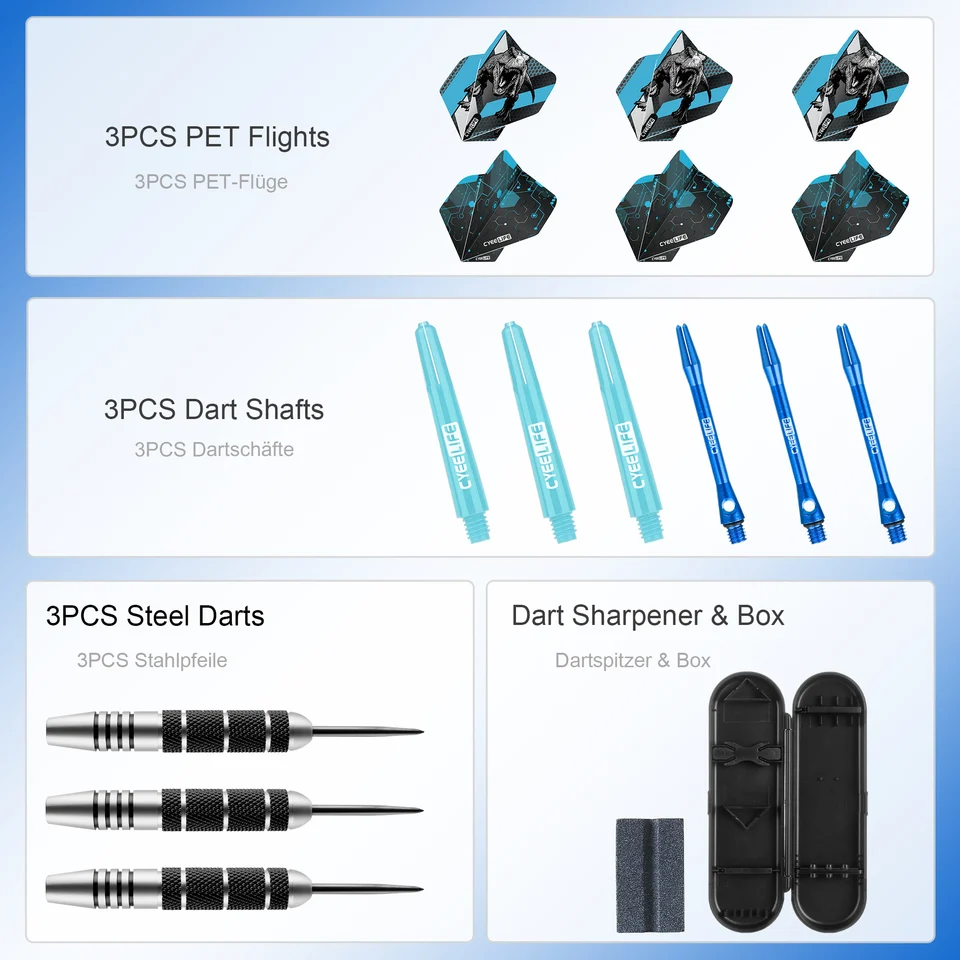 CyeeLife 26G 3-teiliges Set Standard PET Flights, Edelstahl-Darts, Aluminiumschäfte, Stahlspitzen mit Aufbewahrungsbox_voghion.com