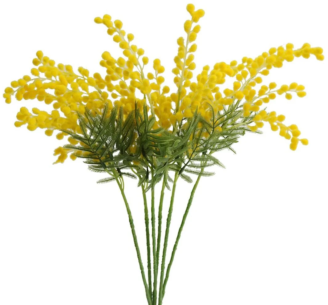 Искусственные Albizia Julibrissin, искусственные желтые цветы акации Mimosa, листья флокирующие растения для домашнего сада, Декор, 6 шт.