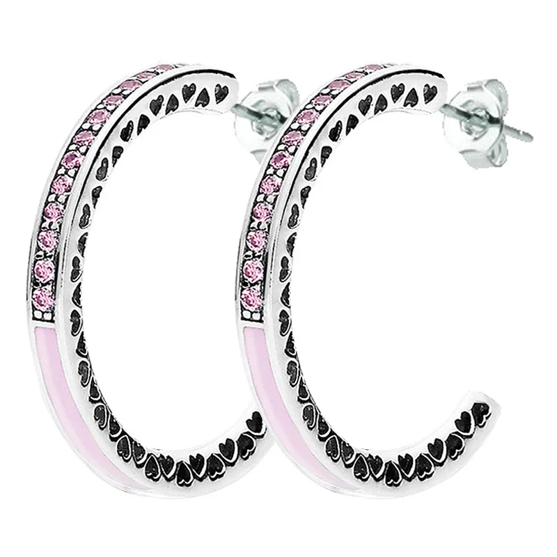 

Original Pink Enamel Radiant Hearts Hoop Earring With Crystal For Women 925 Sterling Silver Earring Wedding Gift Europe Jewelry