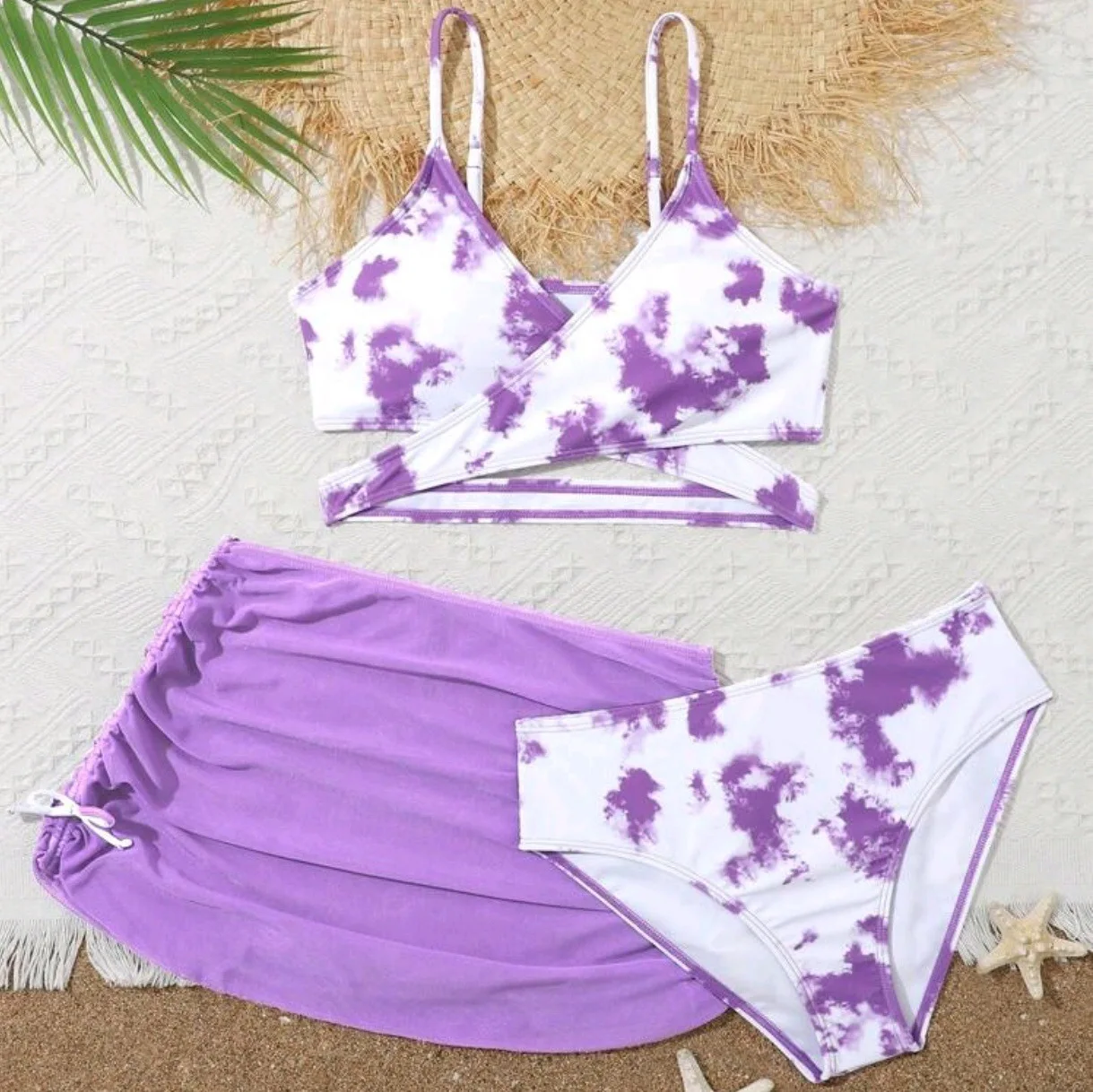 Girls Tie Dye Print Cross Wrap High Waist Bikini Beach Skirt 3pack 7-12 Years Children's Swimwear Bathing Suit girls swimwear,bikini sets