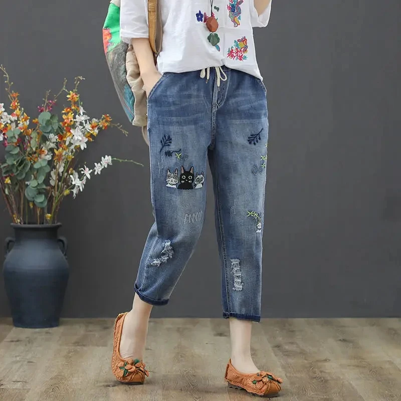 y2k Embroidery Ankle-Length Baggy Jeans Elastic High Waist Capris Lace Up Harem Denim Pants Women Vaquero Oversized 4xl Pantalon