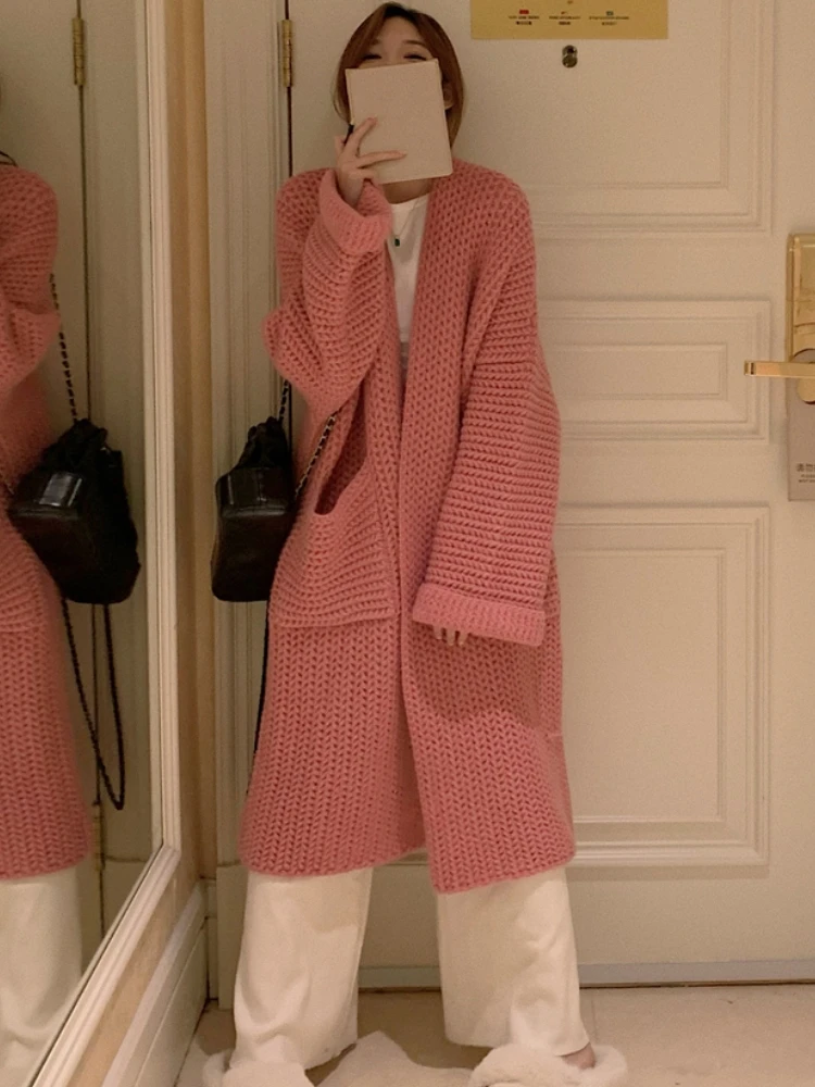 

Oversize Thick Women Long Sweater Cardigan Autumn Winter Double Pockets Korean Style Casual Raglan Sleeve Knitted Cardigan femme