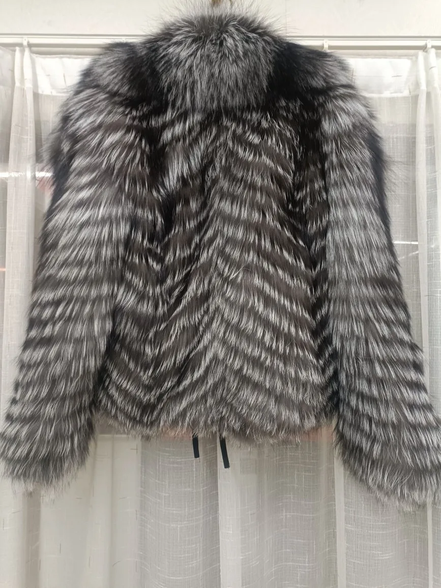 Genuine Women Fox Fur Short Coat Jacket With Big Collar 2026 Silver Red Fox Cozy Fuzzy Outerwear Luxury Casual Stripe Sexy Cloth