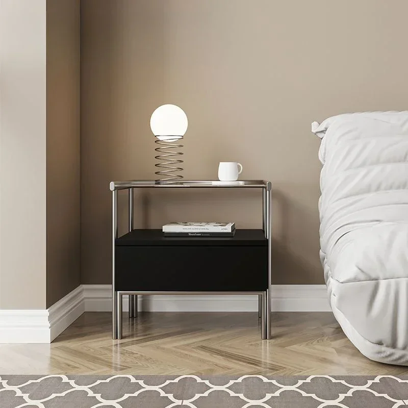 Nordic Light Luxury Stainless Steel Large-capacity Storage Bedside Table Bedroom Home Bedside Creative Glass Storage Locker