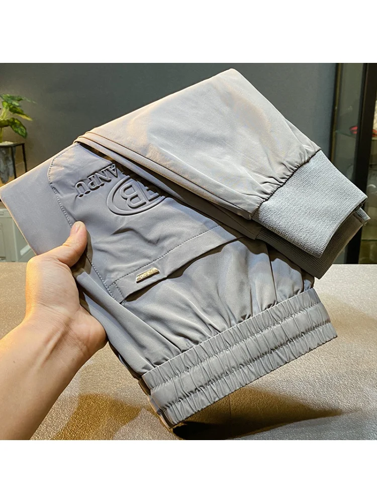 2024 Summer New Thin Ice Silk Quick-Drying Pants Men's Light Luxury Ankle Banded Slacks Slim-Fitting Long Pants