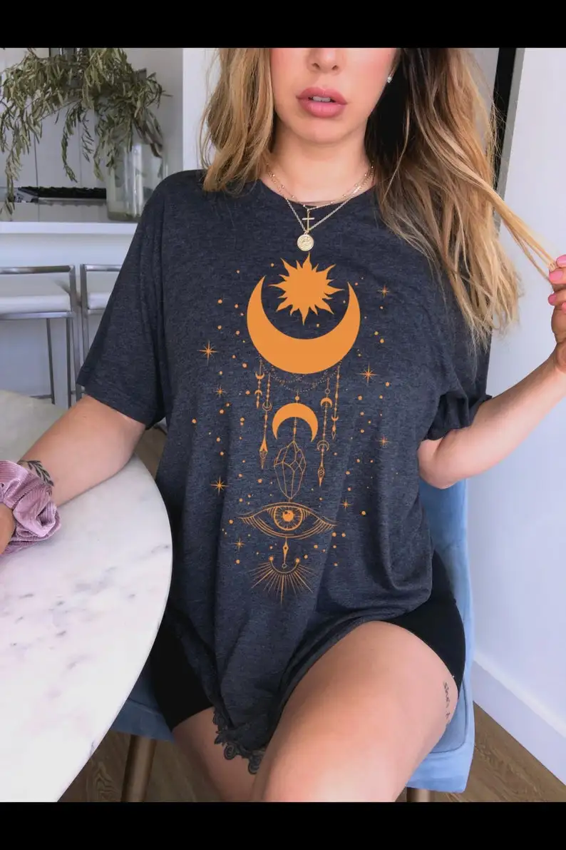

Sun and Moon Shirt All Seeing Eye Spiritual Witchy Clothing Celestial Women's Short Sleeve Tees O Neck Plus Size Casual Shirts