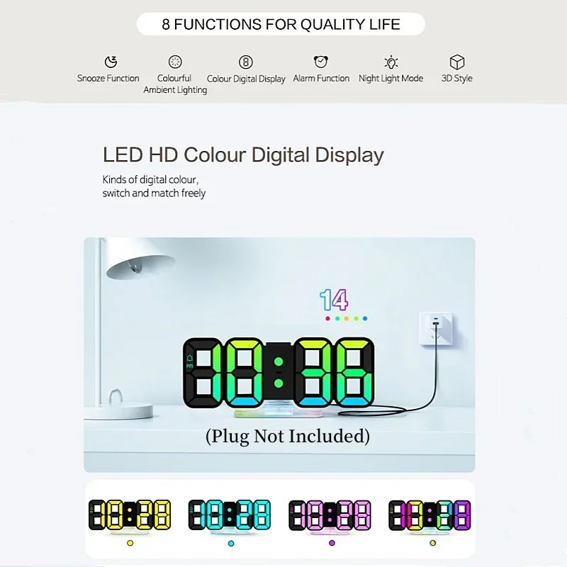 3D RGB Digital Wall Clock Mood Light Night Mode Touch Snooze Table Clock 12/24H Power-off Memory LED Alarm