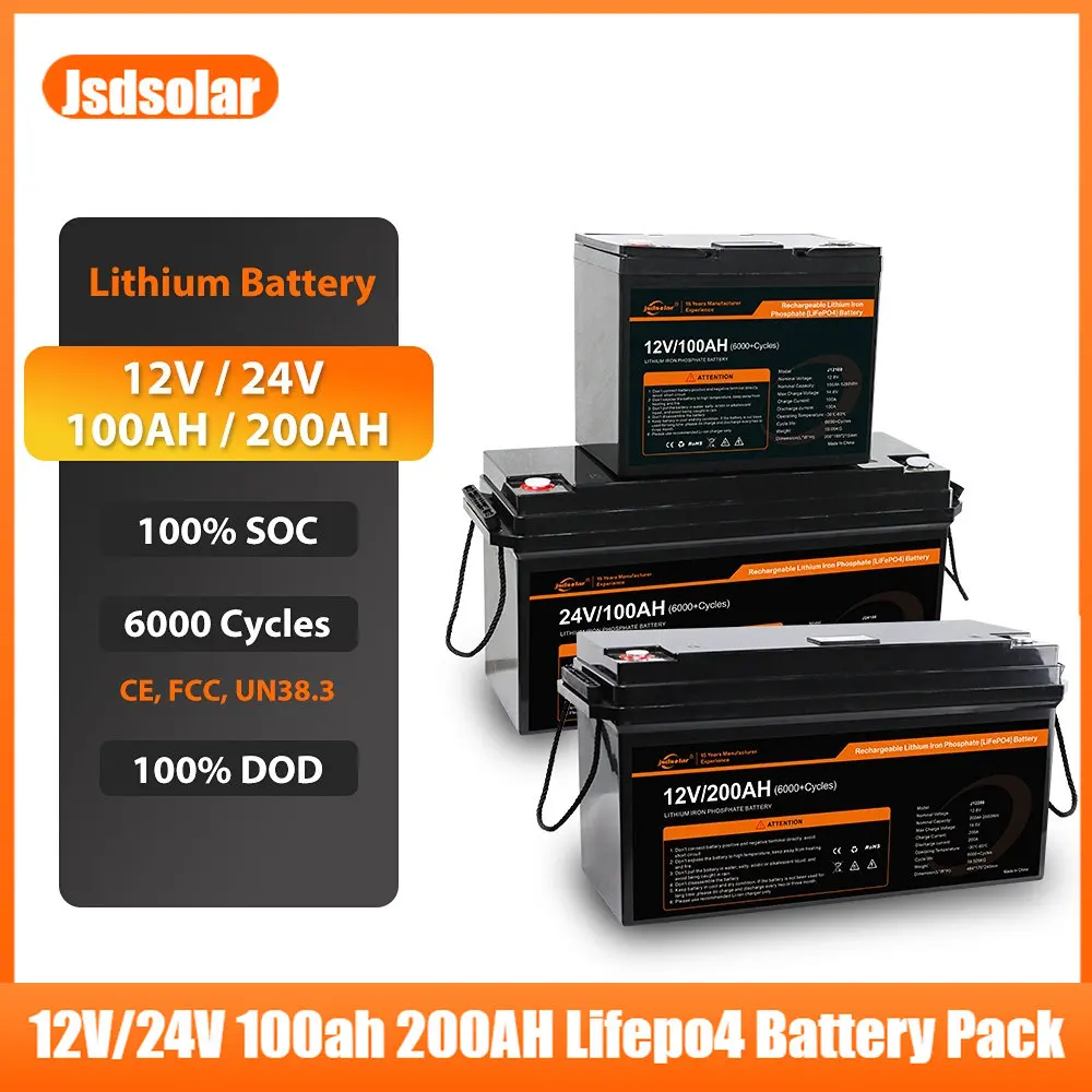 Jsdsolar 6000 Цикл 12V 24V 100Ah 200Ah LiFePo4 Акумулятор для збер?гання енерг вдома не оподаткову?ться податком