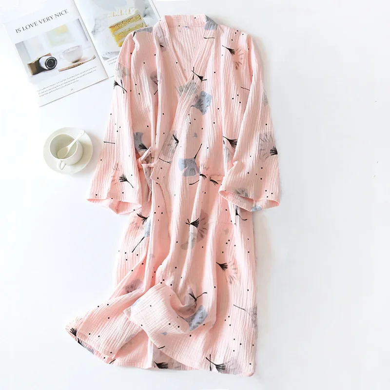 Women Autumn Kimono Bathrobes 100% Cotton Pajamas Robe with Feathers  Printed Peignoirs for Women Cotton Robes for Women - AliExpress 200574005