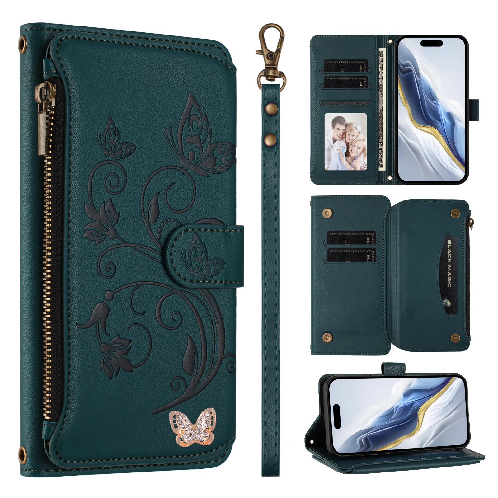 Wrist Zipper Wallet Case with Wireless Charging Leather Flip Cover and 5 Card Slots