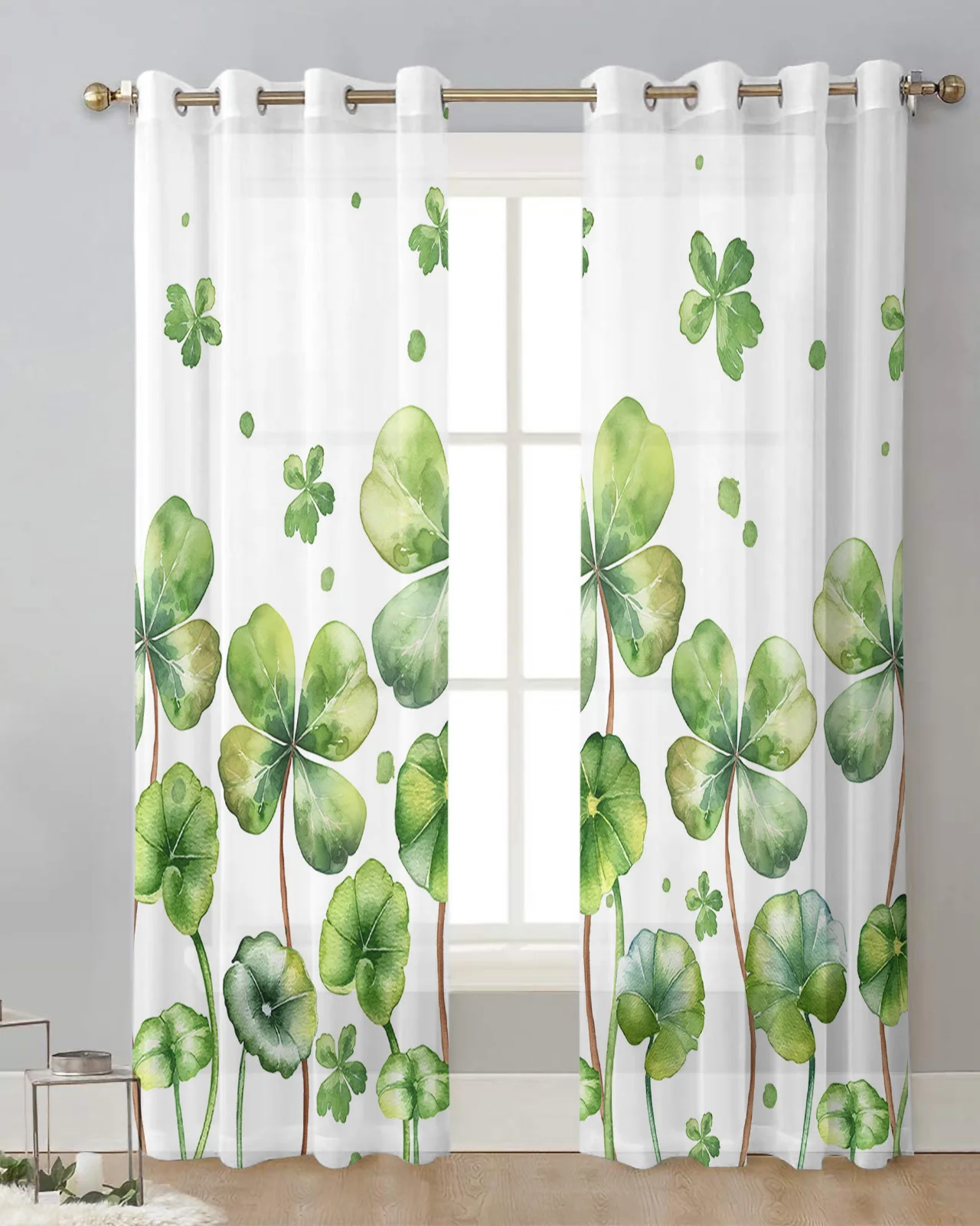 

Summer Plants Four Leaf Grass Green Watercolor Tulle Curtains Living Room Sheer Window Treatments Voile Drapes with Grommets