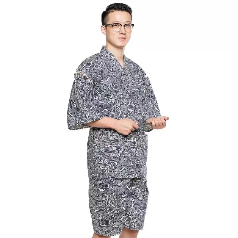 New Summer Japanese Traditional Samurai Kimono For Man Retro Yukata Short Sleeve Bathing Robe Hekoobi Sauna Wear Homewear