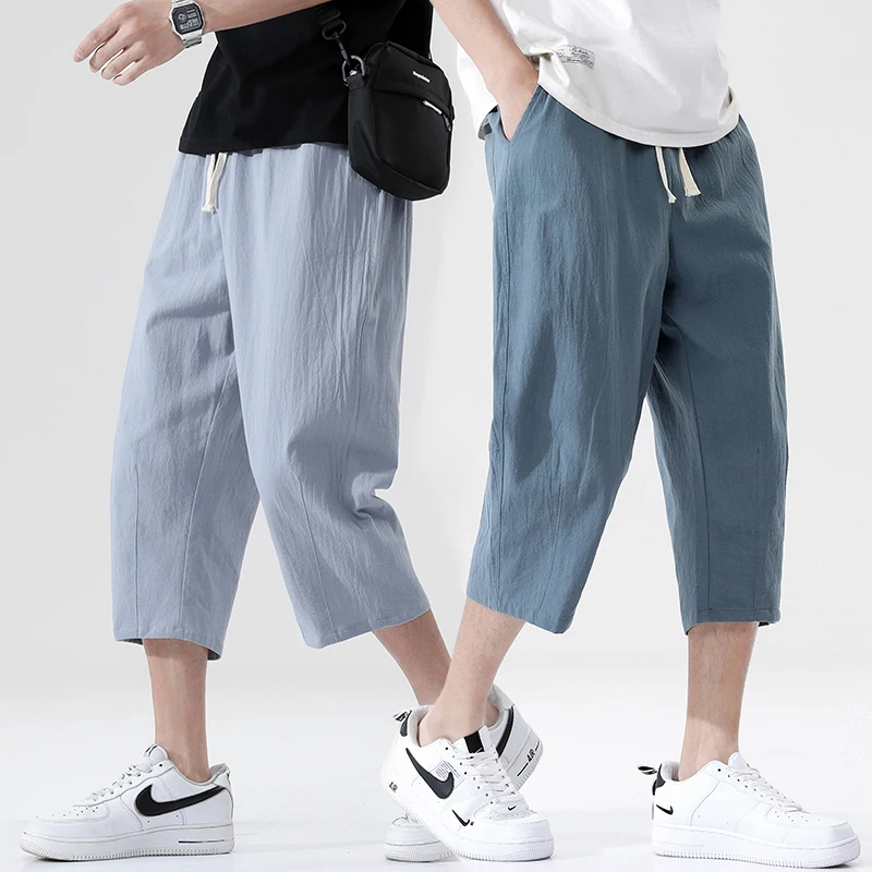 6 Colors!M-5XL!Summer Men's Cotton Linen Casual Pants Breathable Trend Capris Pants Harlan Cotton Hemp Elastic Waist Trousers