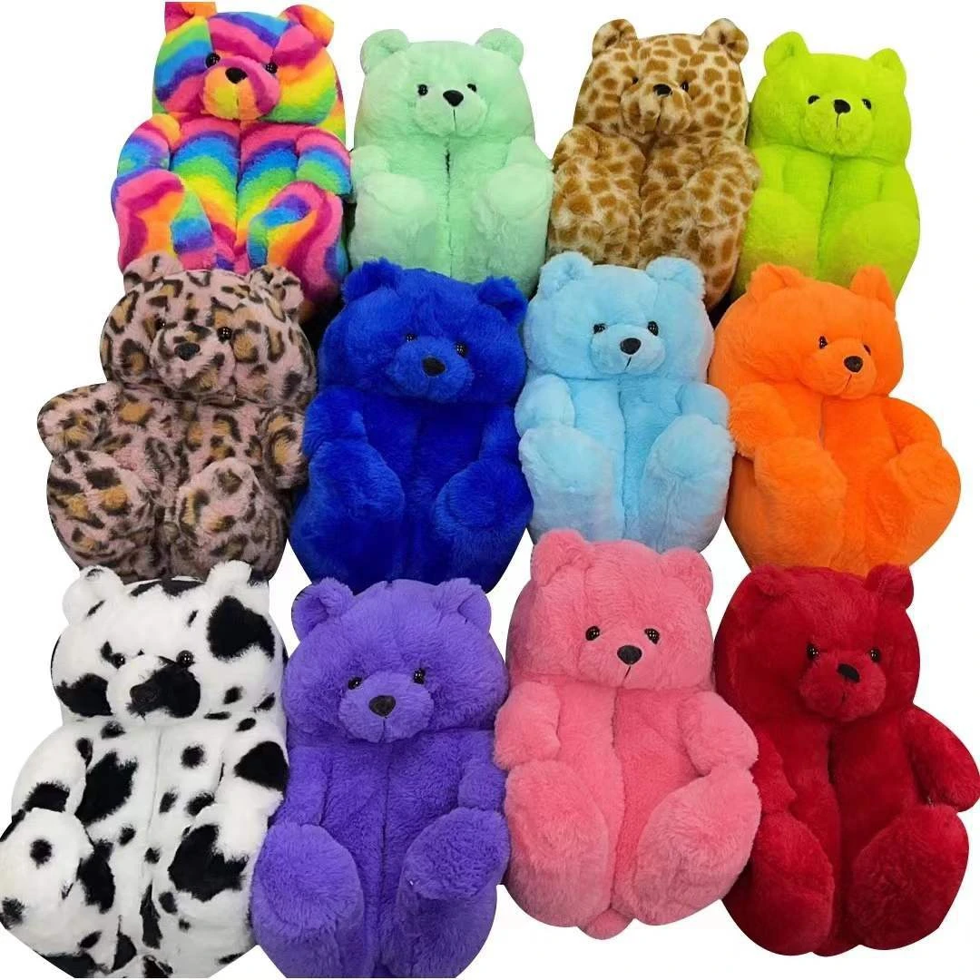 cute animal home cotton slippers cozy soft short plush slides cartoon giraffe female winter shoes indoor non slip women slippers Fashion Teddy Slippers Bear Cartoon Animal Indoor Shoes for Women Winter Warm Plush Slides Girls Chunky Cosplay Fur Slippers