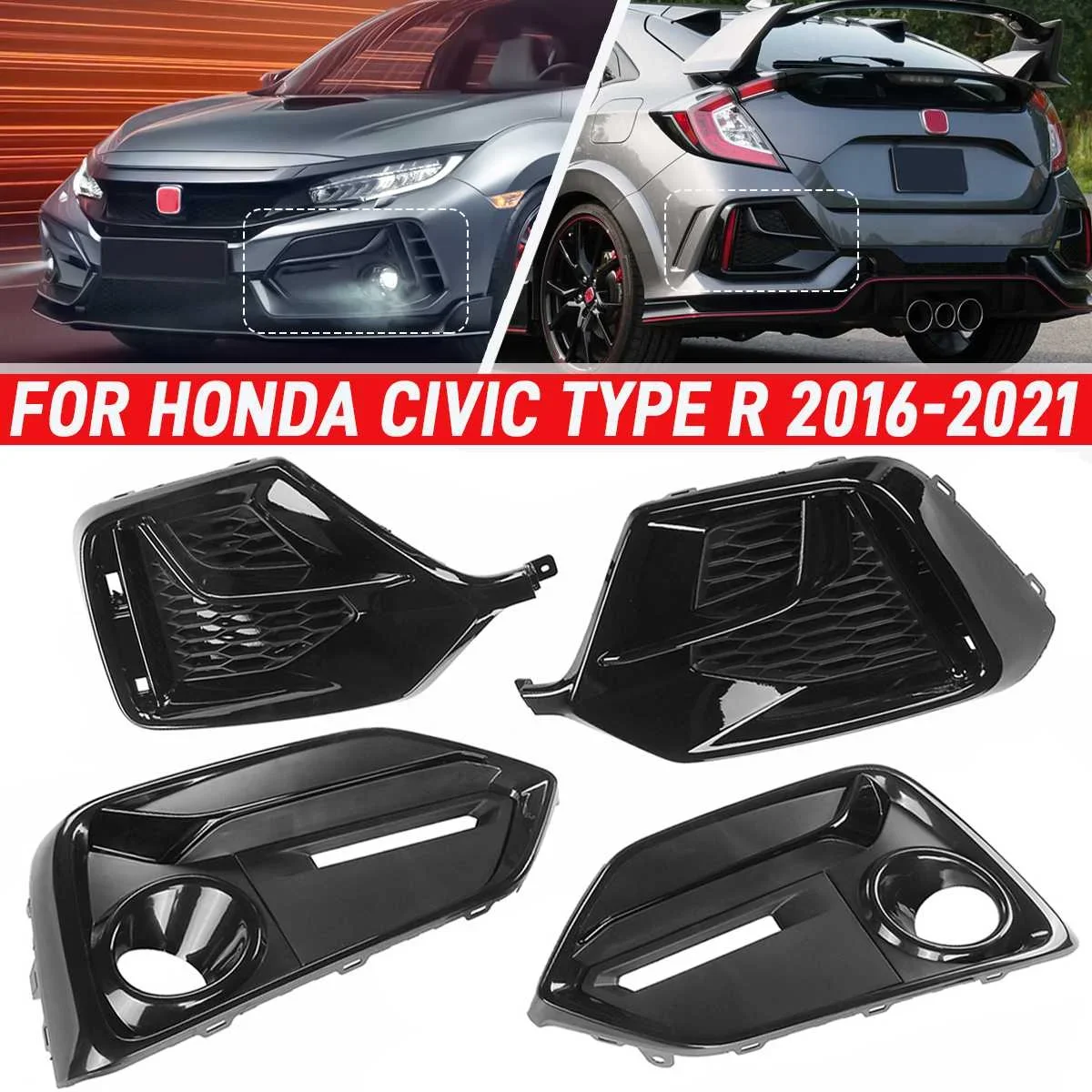 

4pcs Facelift Front Rear Bumper Fog Lights Cover Fog Lamp Hood Frame for Honda Civic 5 Door FK4 FK7 Hatchback 2016-2021 Body Kit