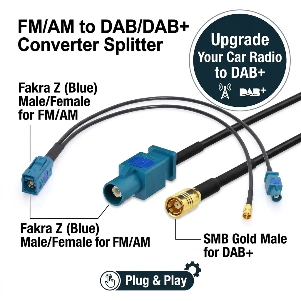 Superbat FM/AM to DAB/DAB+ Radio Aerial Converter Splitter with Fakra Connector RG174 30cm for Car Digital Radio