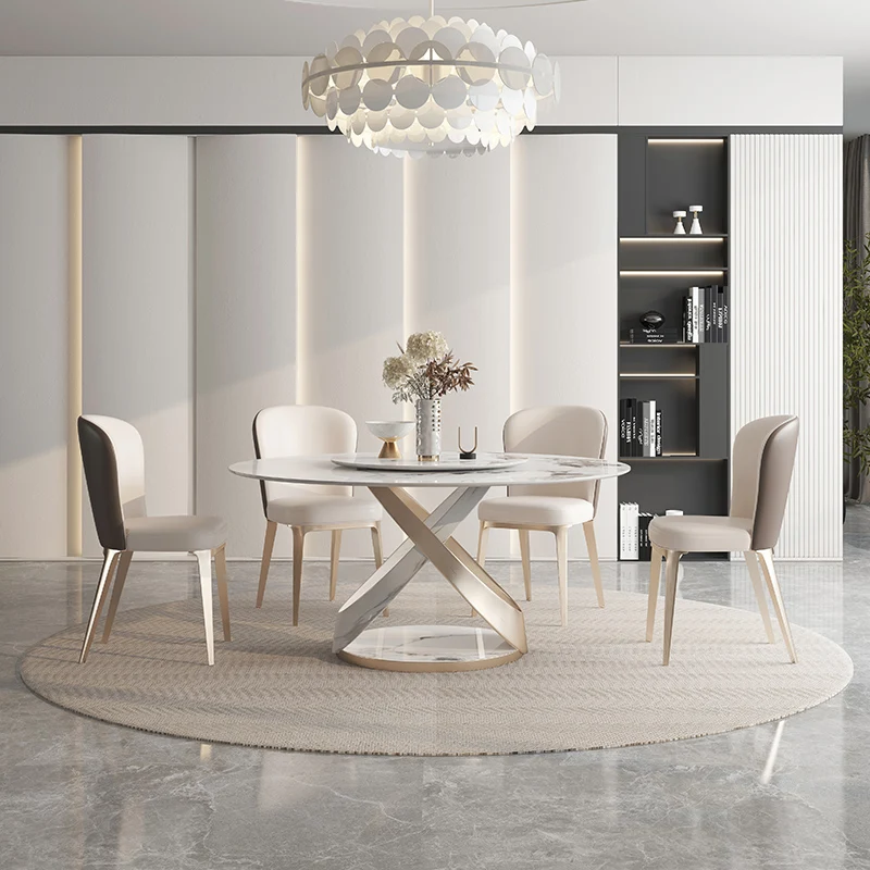 

Rock round table home dining table and chair with turntable Modern simple and luxurious Nordic revolving round dining table.
