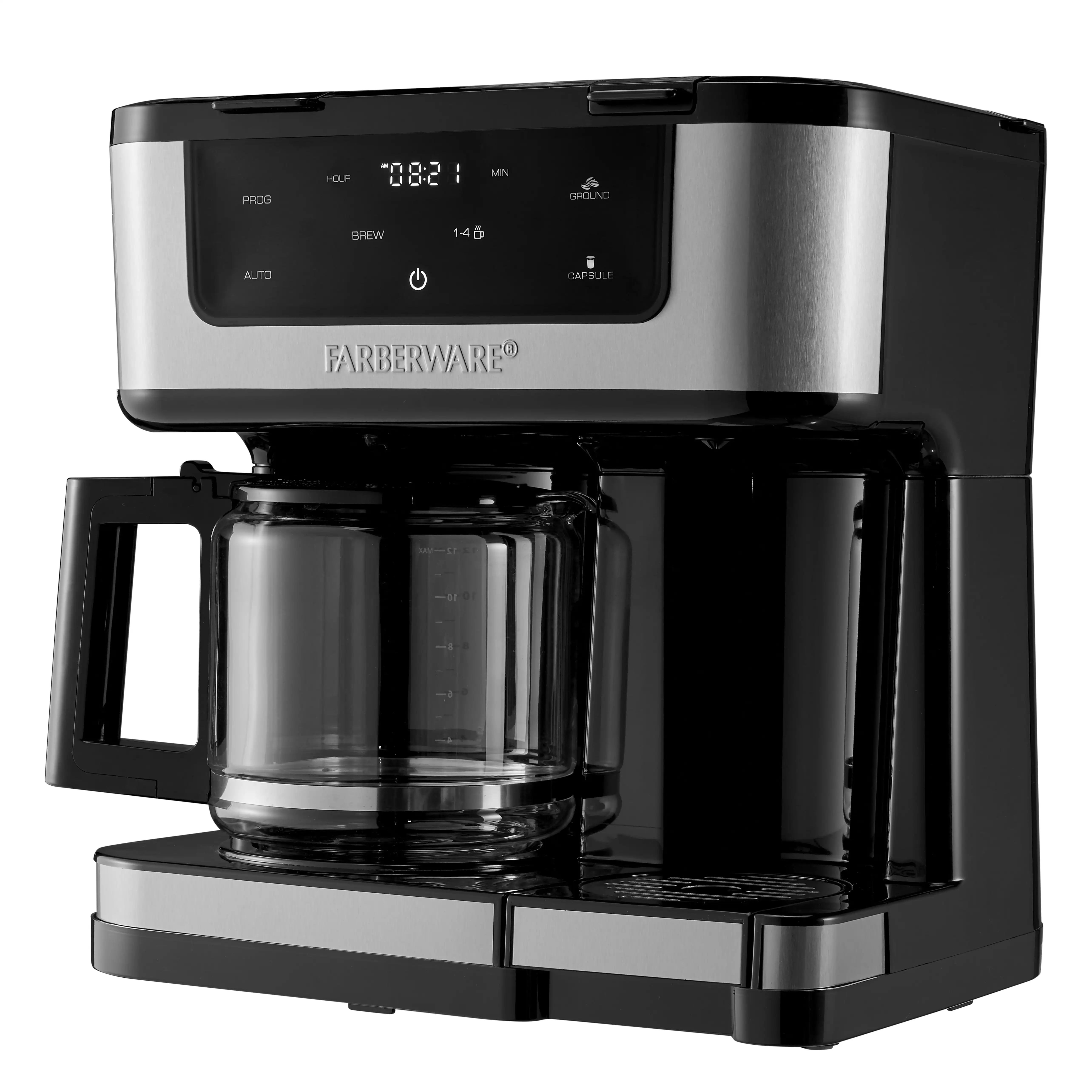 

Farberware Side by Side Single Serve or 12 Cup Coffee Maker, Black with Stainless Inset, New