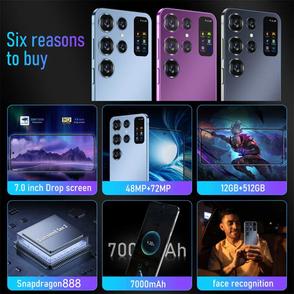 Original S24 Ultra Mobile Phones 16GB+1TB Dual Sim Face Unlock Android Cell Phone Smartphone 7000mAh Cellphone New celulares