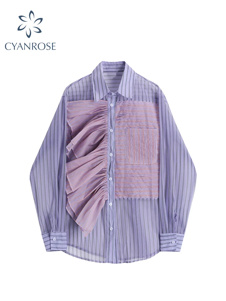 

Purple Striped Shirt Women Patchwork Fashion Casual Autumn Korean Style Long Sleeve Loose Button Up Female Blouses Blusas Top