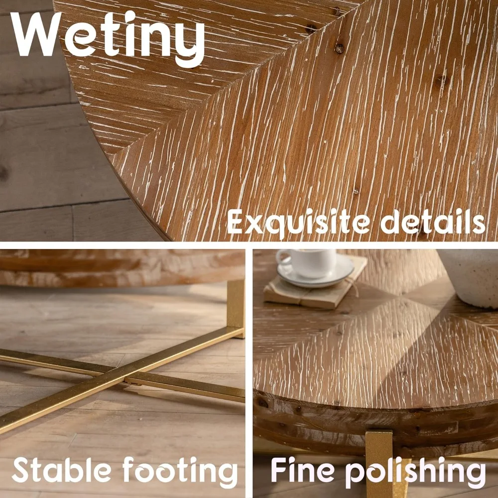33.86" Modern Retro Splicing Round Coffee Table,Fir Wood Table Top with Gold Cross Legs Base 4