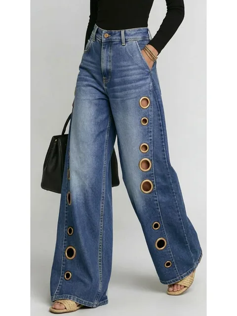 Missuoo Women's Washed Blue High-Waist Metal Grommet Wide Leg Jeans 2026 Casual Loose Fit Streetwear Pants Casual Trousers 3