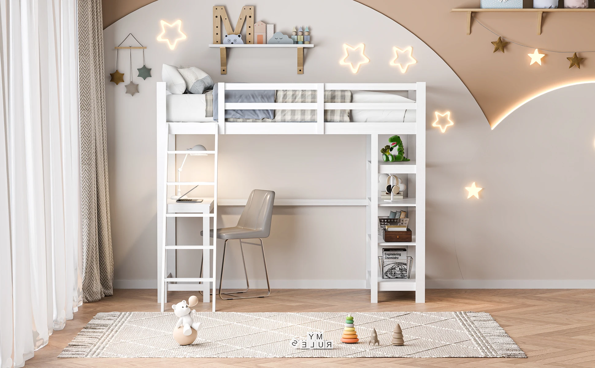 Rosahqnda Etagenbett für Kinder, 90 x 200 cm, mit Treppe und Stauschrank, Multifunktionsbett, Spielbett, ohne Matratze, weiß – Detail 10