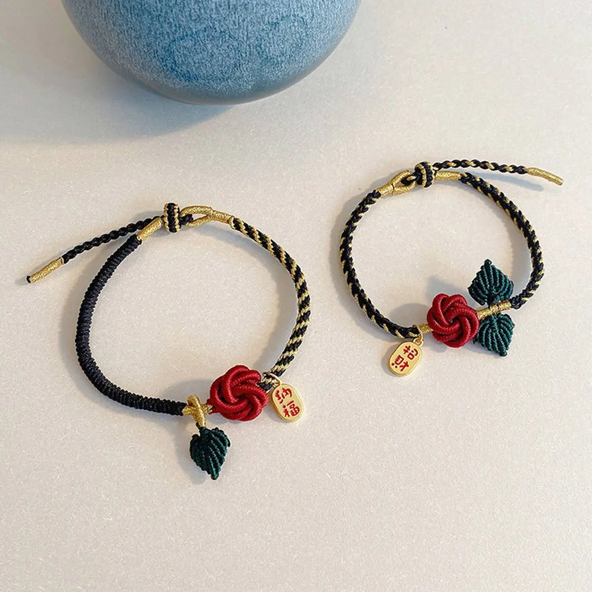

Retro Jade Thread Handwoven Couple Bracelets Rose Flower DIY Men Women Rope Bangle Lovers Friends Valentine's Day Jewelry Gift