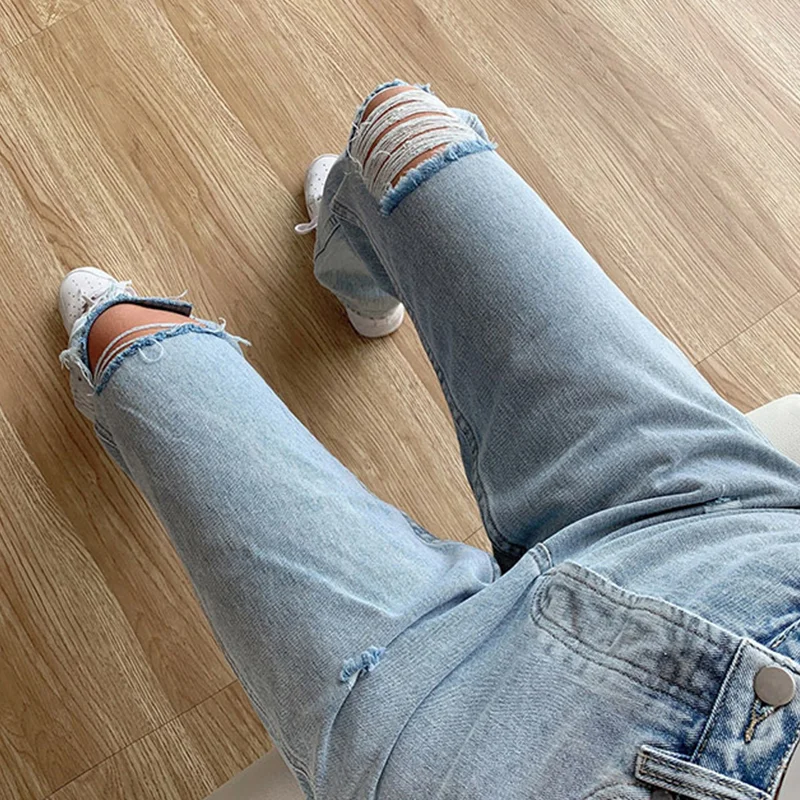 2023 New Fashion Casual Women's Jeans Casual Wide Leg Wash Water Hole Middle Waist Commuter Jeans Women Baggy Jeans Women
