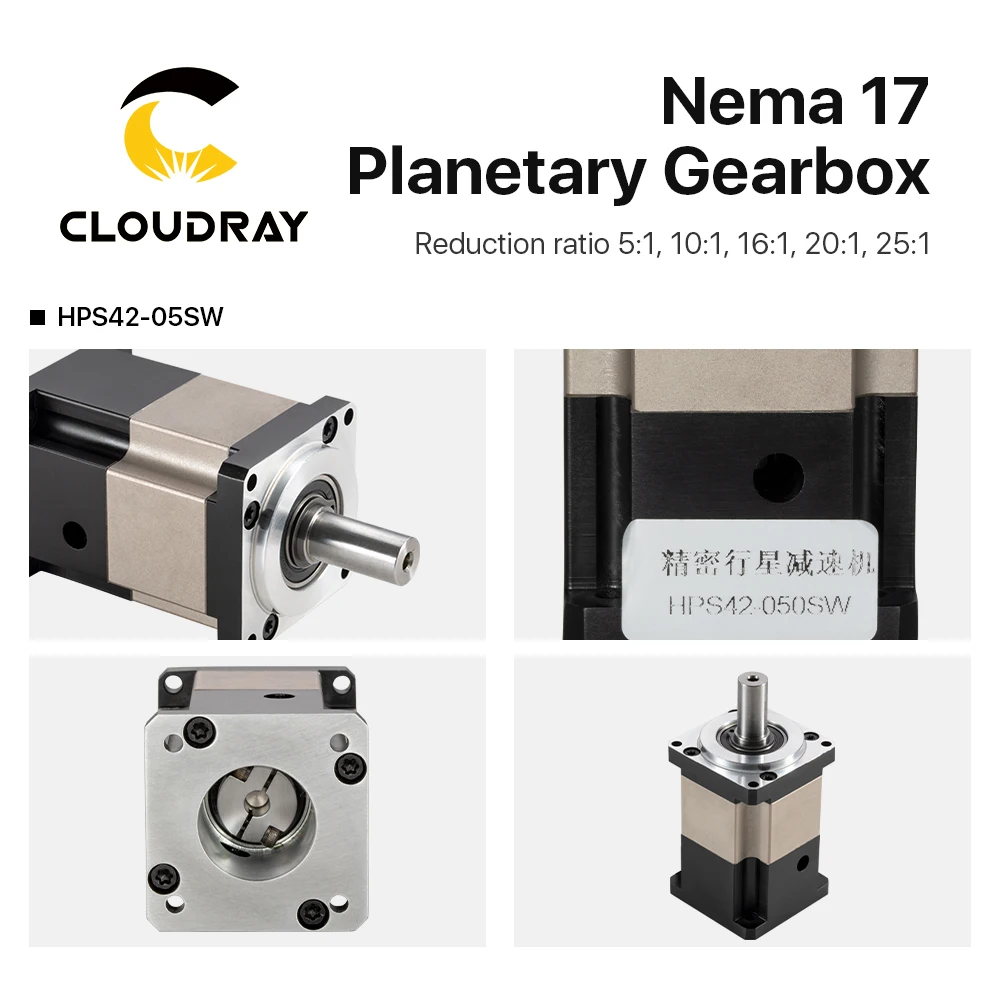 Cloudray Nema17 Planetary Gearbox HPS42 Motor Reducer Square With Ratio 5:1 10:1 16:1 20:1 25:1 5mm Input