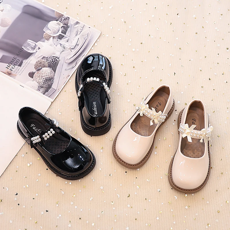 Leather Girls Mary Jane Flats with Beaded Bow for Autumn