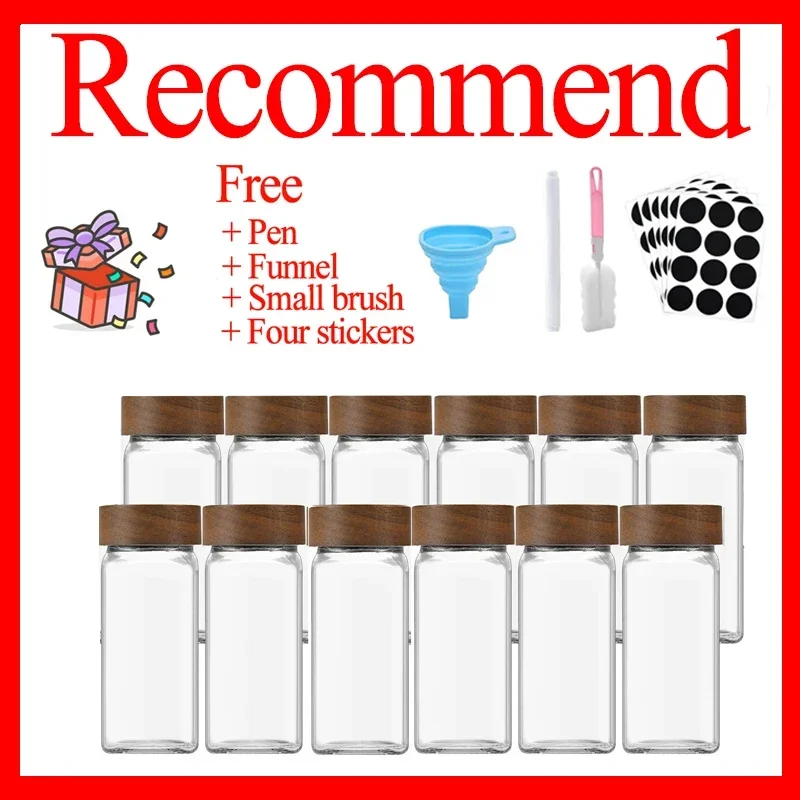 Seasoning Jar Salt Shaker Spices Bottle 3-12pcs Wood Cover Glass Spice Jars