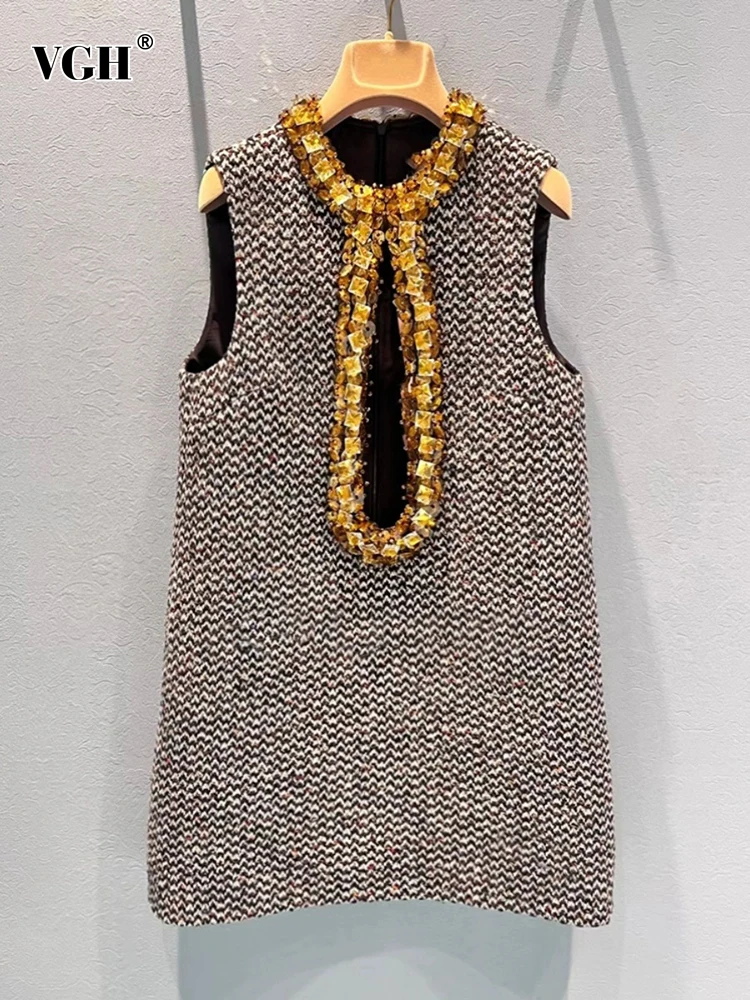 

VGH Patchwork Diamonds Casual Knitting Dresses For Women Round Neck Sleevless High Waist Hit Color Elegant A Line Dress Female