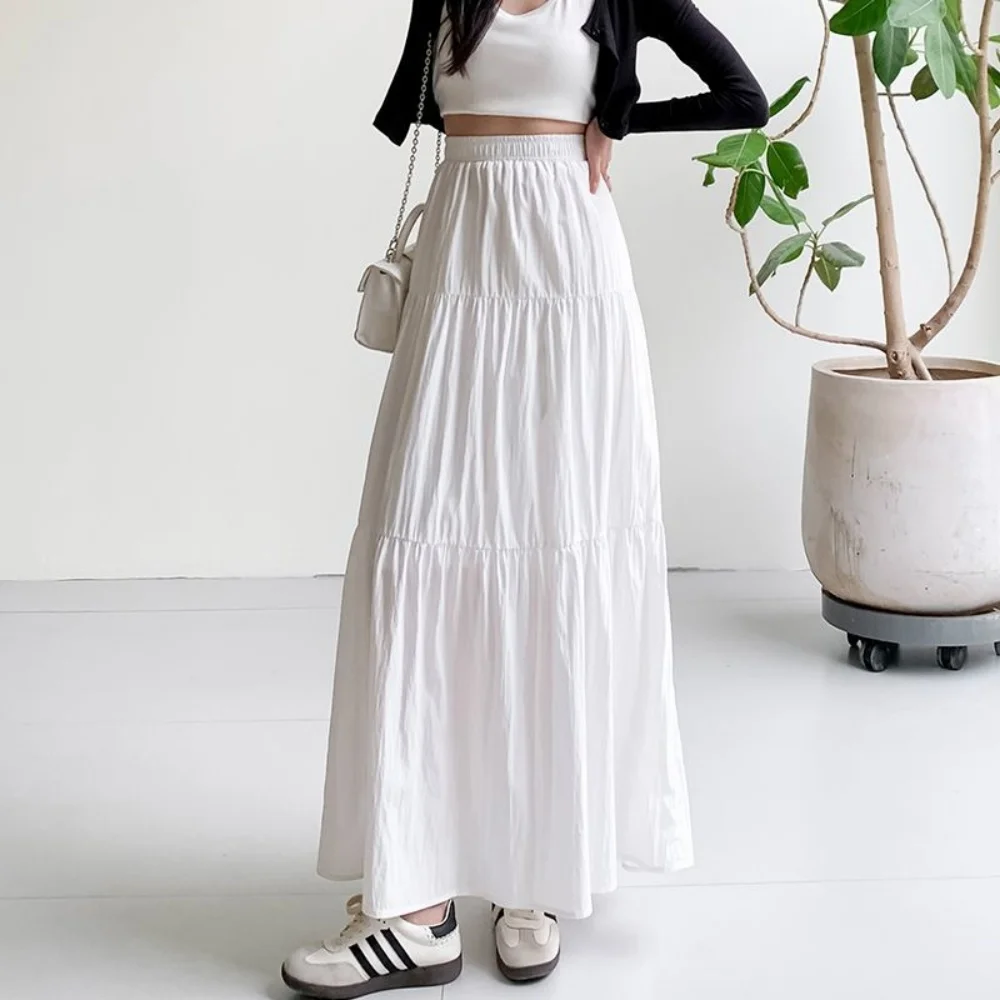Loose Folds Skirt Pink Sweet Elegant Elastic Waist A-Line Skirt Large Swing Spring Summer Casual Cake Skirt Solid Women Clothing