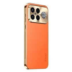 Elegant Shockproof Luxury PU Leather Phone Case with Alloy Lens Frame and Electroplated Finish - Poco F8 ultra (Orange)