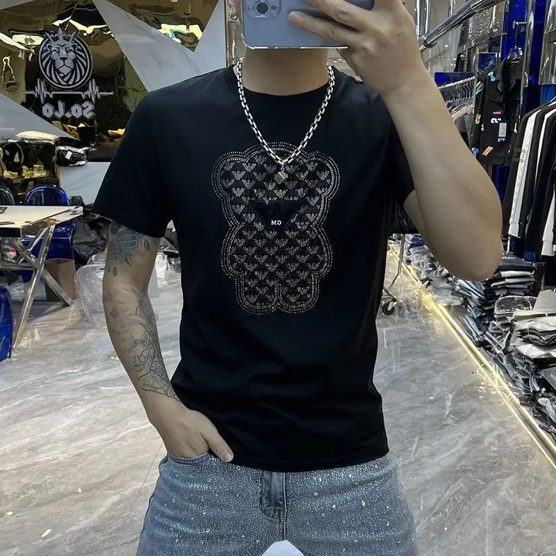 Spring New Men's T-shirt High Quality Bear Rhinestone Sports Trend