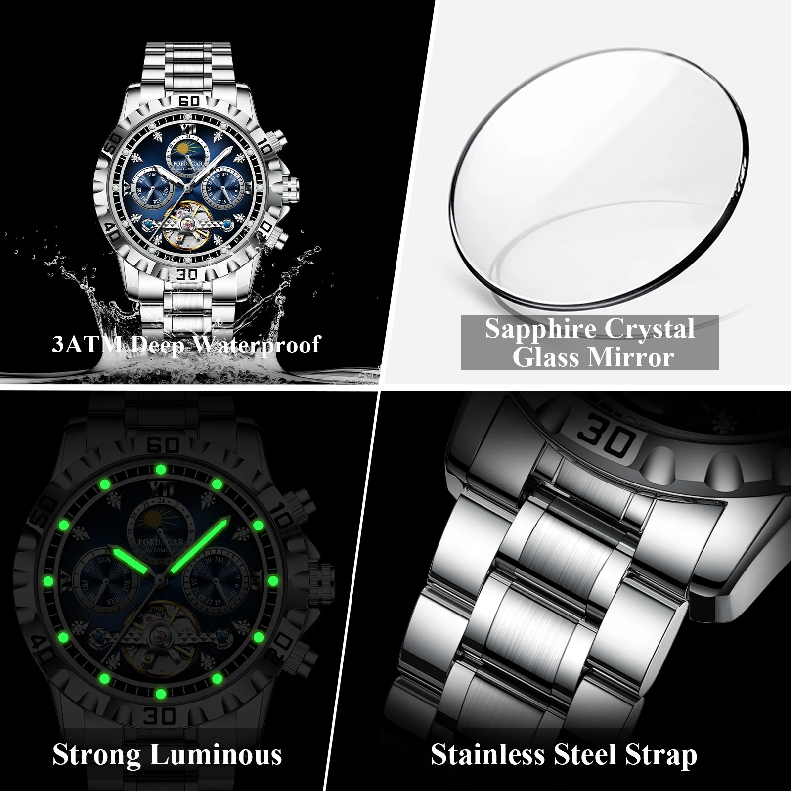 Business Top Watch For Man Hollow Tourbillon Automatic Men's Watches Date Week Mechanical Stainless Steel Men Clock+Box_voghion.com