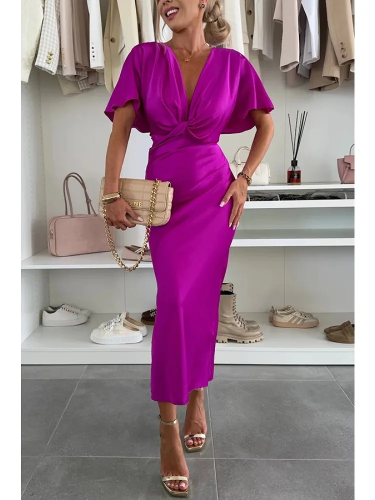 Women's Satin Elegant Deep V Collar Bat Short Sleeve Party Dress Ladies Fashion Temperament Slim Fit Solid Color Long Dress 5