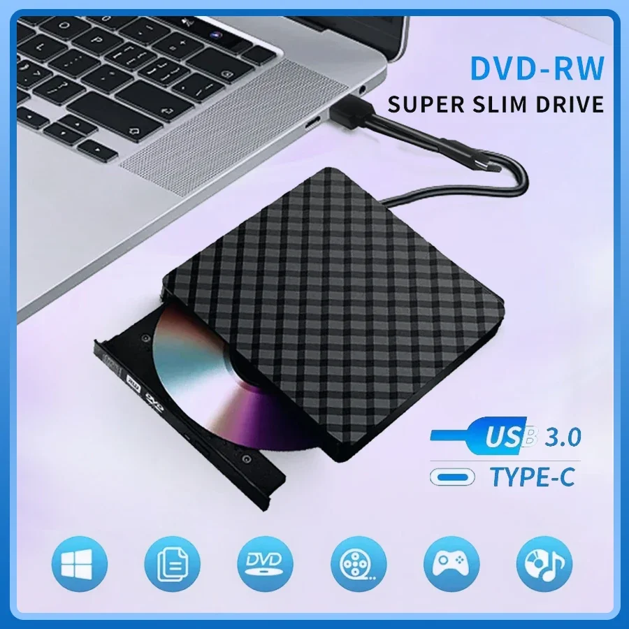 2 in 1 USB3.0 Type C Optical Drives Slim External DVD RW CD Writer Drive Burner Reader Player Portable DVD Burner for Laptop PC