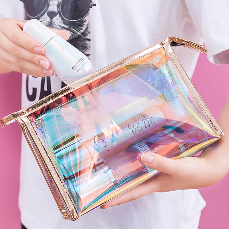 1 Pc Colorful Holographic Women Cosmetic Bag TPU Clear Makeup Bag Beauty Organizer Pouch Travel Clear Makeup Kit Case 3