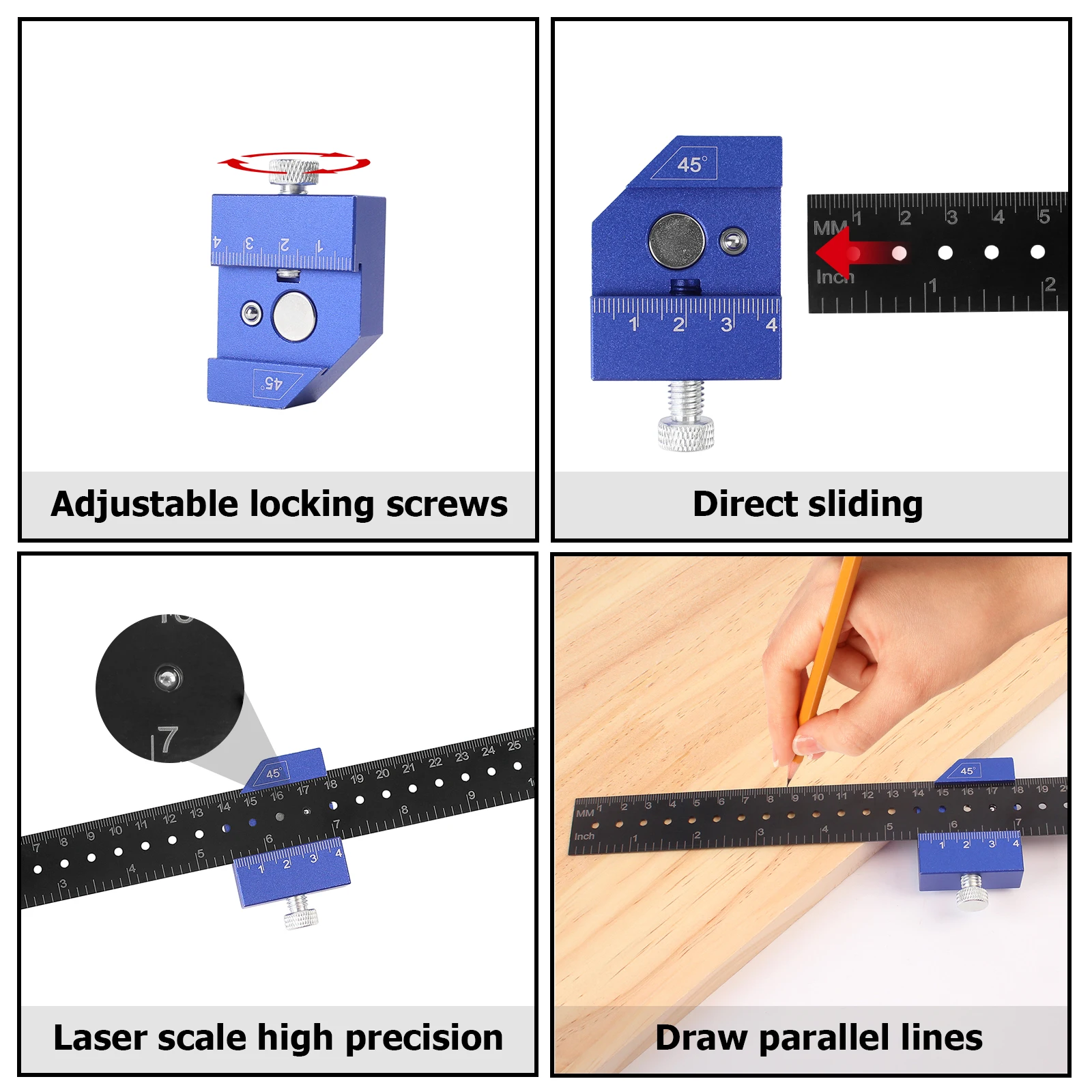 Woodworking Square Tool Woodworking Metal Pocket Ruler 45&deg;/90&deg; Slide Stop for Marking Inch/Metric Scribing Measuring