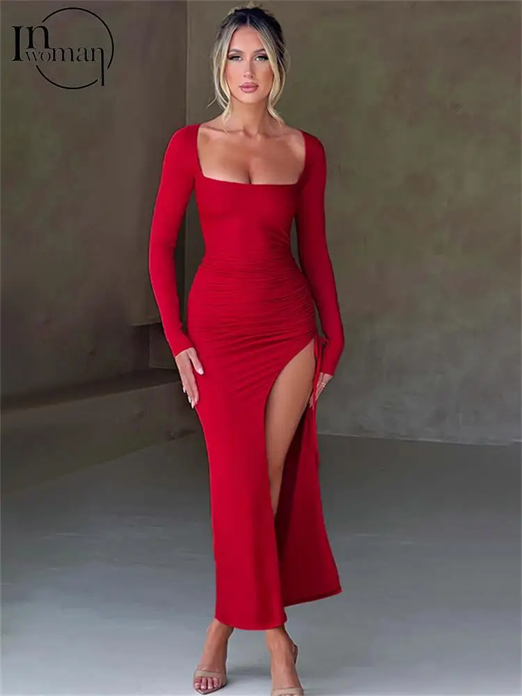 

Inwoman Black Long Sleeve Strapless Long Dress Party Evening For Women 2023 Fall Sexy Red U Neck Split Maxi Dress Bodycon Dress