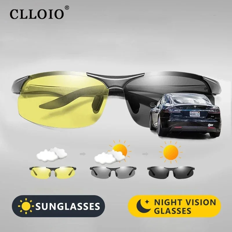 Photochromic sunglasses aluminium rimless day night vision anti-glare polarized driving travel fishing goggle